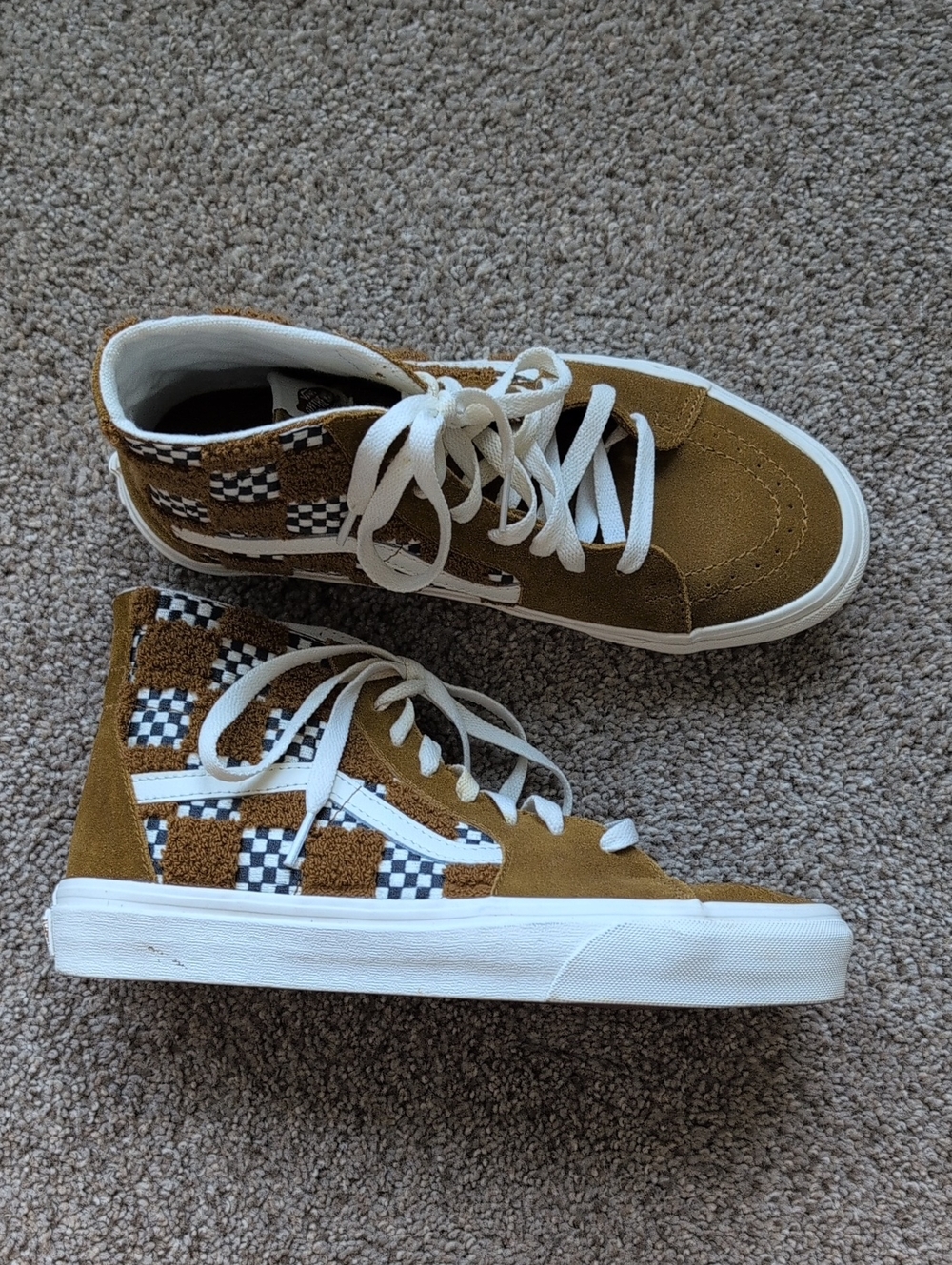 Vans Sk-8 High-Top Sneakers - Tan with Black & White Checker Men's 8/Women's 9.5